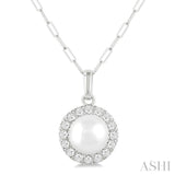 6 MM Cultured White Pearl and 1/6 Ctw Round Cut Diamond Halo Pendant With Chain in 14K White Gold