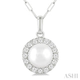 6 MM Cultured White Pearl and 1/6 Ctw Round Cut Diamond Halo Pendant With Chain in 14K White Gold