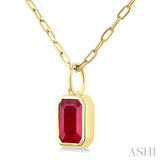 6x4 MM Bezel Set Emerald Cut Ruby Precious Fashion Pendant With Paperclip Chain in 14K Yellow Gold