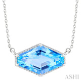 16X10 MM Evoque Gemstones Hexagon Shape Blue Topaz and 1/10 Ctw Round Cut Diamond Halo Semi-Precious Pendant With Chain in 14K White Gold