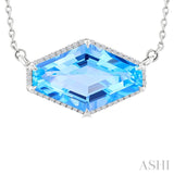 16X10 MM Evoque Gemstones Hexagon Shape Blue Topaz and 1/10 Ctw Round Cut Diamond Halo Semi-Precious Pendant With Chain in 14K White Gold
