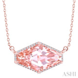 16X10 MM Evoque Gemstones Hexagon Shape Morganite and 1/10 Ctw Round Cut Diamond Halo Semi-Precious Pendant With Chain in 14K Rose Gold