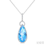 22X10 MM Evoque Gemstones Pear Shape Blue Topaz and 1/3 Ctw Round Cut Diamond Halo Semi-Precious Pendant With Chain in 14K White Gold