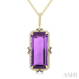 22X10 MM Evoque Gemstones Emerald Cut Amethyst and .80MM Sapphire & 1/5 Ctw Round Cut Diamond Halo Semi-Precious Pendant With Chain in 14K Yellow Gold