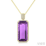 26X12 MM Evoque Gemstones Emerald Shape Amethyst and 1/2 Ctw Round Cut Diamond Halo Semi-Precious Pendant With Chain in 14K Yellow Gold