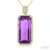 26X12 MM Evoque Gemstones Emerald Shape Amethyst and 1/2 Ctw Round Cut Diamond Halo Semi-Precious Pendant With Chain in 14K Yellow Gold