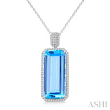 26X12 MM Evoque Gemstones Emerald Shape Blue Topaz and 1/2 Ctw Round Cut Diamond Halo Semi-Precious Pendant With Chain in 14K White Gold