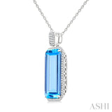 26X12 MM Evoque Gemstones Emerald Shape Blue Topaz and 1/2 Ctw Round Cut Diamond Halo Semi-Precious Pendant With Chain in 14K White Gold