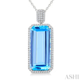 26X12 MM Evoque Gemstones Emerald Shape Blue Topaz and 1/2 Ctw Round Cut Diamond Halo Semi-Precious Pendant With Chain in 14K White Gold