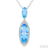 18X8 MM Evoque Gemstones & 10x5 MM Oval Shape Blue Topaz and 1/3 Ctw Round Cut Diamond Halo Semi-Precious Pendant With Chain in 14K White Gold