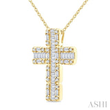 1 Ctw Fusion Baguette and Round Cut Diamond Cross Fashion Pendant With Chain in 14K Yellow Gold