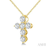 3/4 Ctw Round Cut Diamond Christian Cross 6-Stone Fashion Pendant With Chain in 14K Yellow Gold
